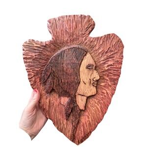 Hand Carved Wood Native American Indian Wall Decor Hanging Arrowhead Signed 14"
